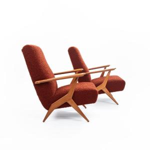 Pair Of Eccentric Mid-century Italian Armchairs In Beech And Red Bouclé Fabric