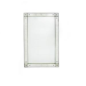 Large Art Deco Venetian Mirror With Floral Engravings And Brass Buttons, Italy, 1930s