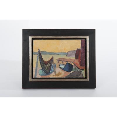 Scandinavian Maritime Painting Oil On Panel In Warm Colors By Noren Nils Martin 1950s