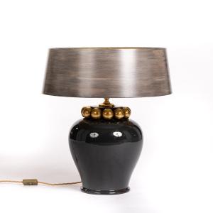 Italian Ceramic Table Lamp In Dark Grey-gold From The 1950s