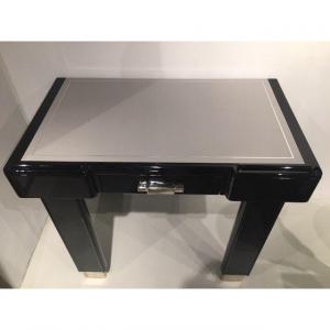 Art Déco Wall Desk In Black High-gloss Lacquer, Nickel-plated Foot Caps And Drawer Handle