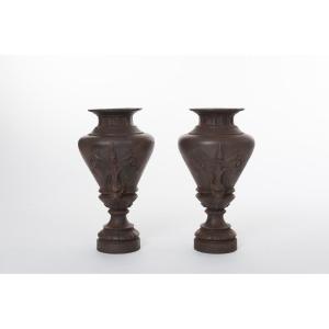 Pair Of Napoleon III Iron Vases With Floral Decoration