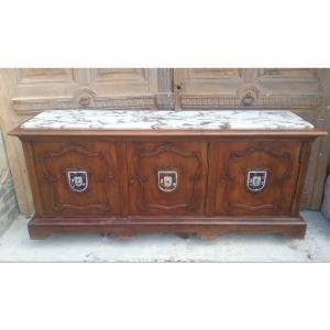 Pair Of Sideboards With Limoges Enamel Crests In Walnut