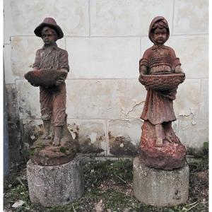 Pair Of Cast Iron Statues Depicting Two Children