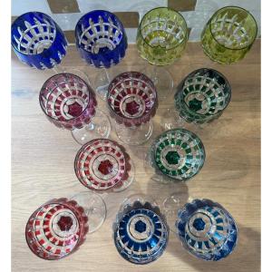 12 Colored Roemer Wine Glasses Manhattan Model Signed Cristal Saint Louis