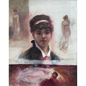 Léon Perrin (1860 – 1931) - Portrait Of A Young Girl With Trompe l'Oeil Studies