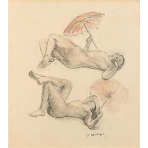 Henri Lebasque (champigné 1865 - 1937 Le Cannet) - Female Nudes Lying Down With An Umbrella