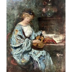 Jacques Martin (villeurbanne 1844 - Lyon 1919) - Woman In Blue With A Mandolin, Circa 1915