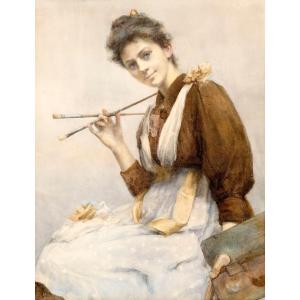 English School, Circa 1895, Portrait Of A Young Woman Artist With Palette And Brushes
