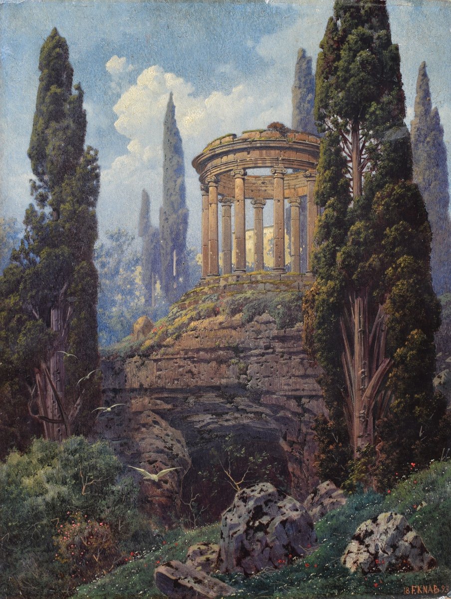 Ferdinand Knab (1837 – 1902), Visione del tempio di Vesta nel giardino di Villa D’Este a Tivoli  (1893)