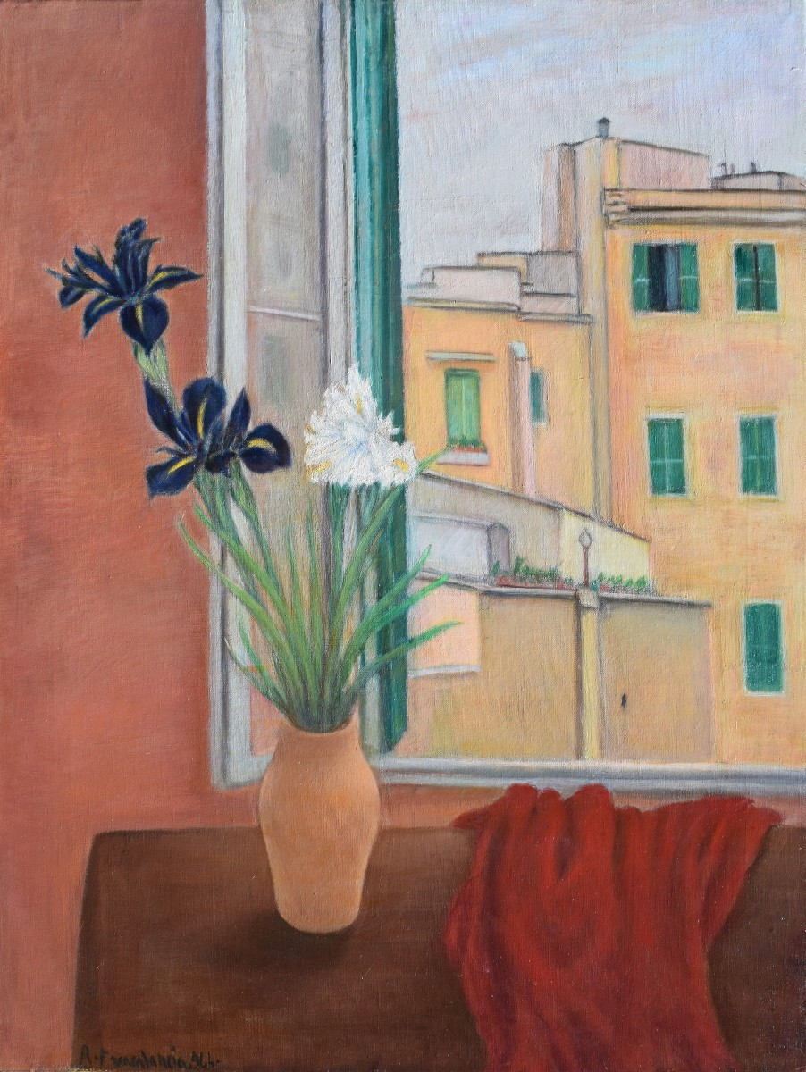 Riccardo Francalancia (Assisi 1886 – Roma 1965), Vaso di fiori davanti alla finestra (1944)