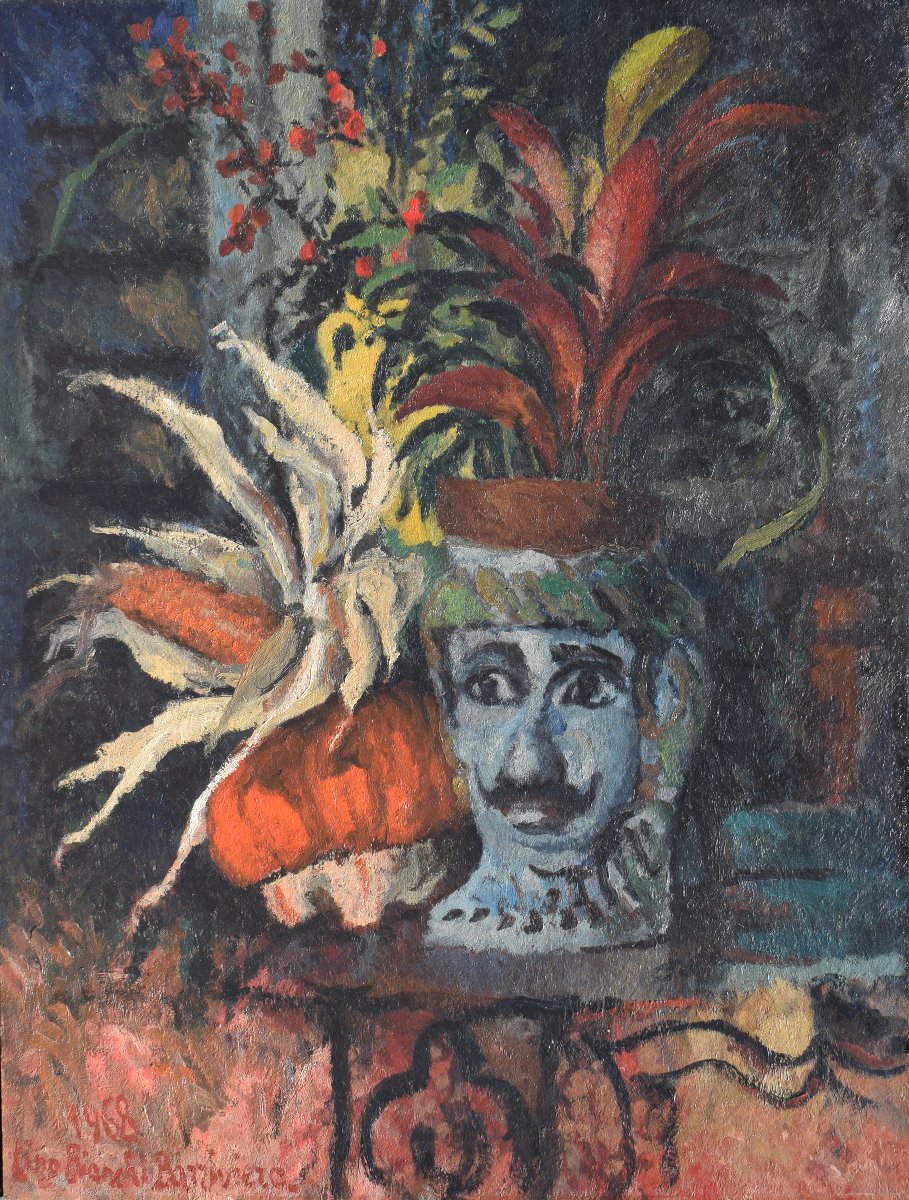 Lino Bianchi Barriviera (1906 – 1985), Vaso di Caltagirone a testa di moro con fiori e mais 