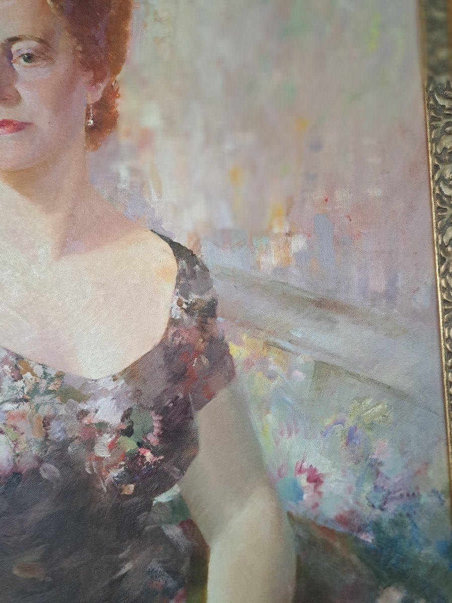 Grande dipinto "Dama con ventaglio", olio su tavola ad opera di Carminio Visintini-photo-2