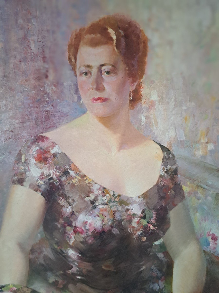 Grande dipinto "Dama con ventaglio", olio su tavola ad opera di Carminio Visintini-photo-3