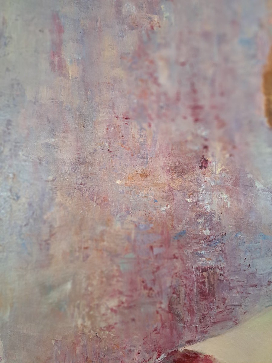 Grande dipinto "Dama con ventaglio", olio su tavola ad opera di Carminio Visintini-photo-4