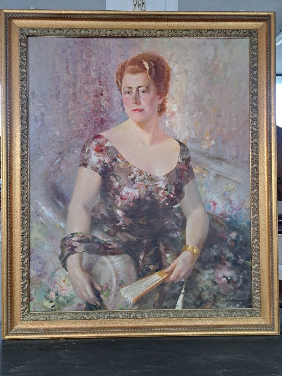 Grande dipinto "Dama con ventaglio", olio su tavola ad opera di Carminio Visintini-photo-1