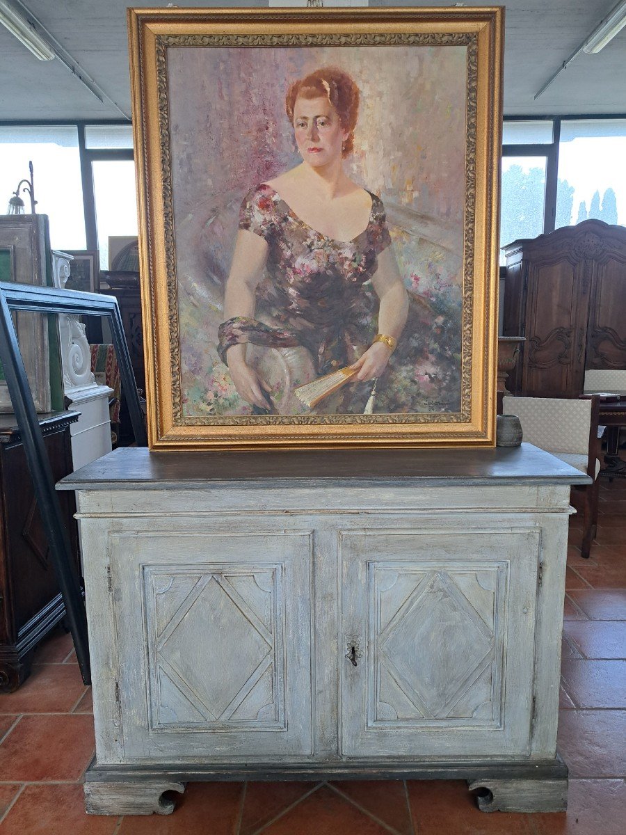 Grande dipinto "Dama con ventaglio", olio su tavola ad opera di Carminio Visintini-photo-2