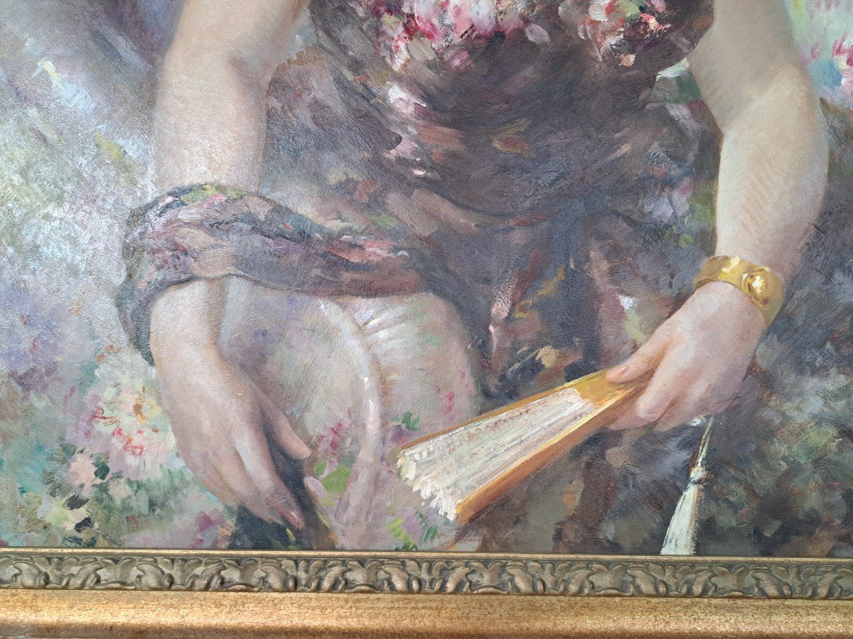 Grande dipinto "Dama con ventaglio", olio su tavola ad opera di Carminio Visintini-photo-3