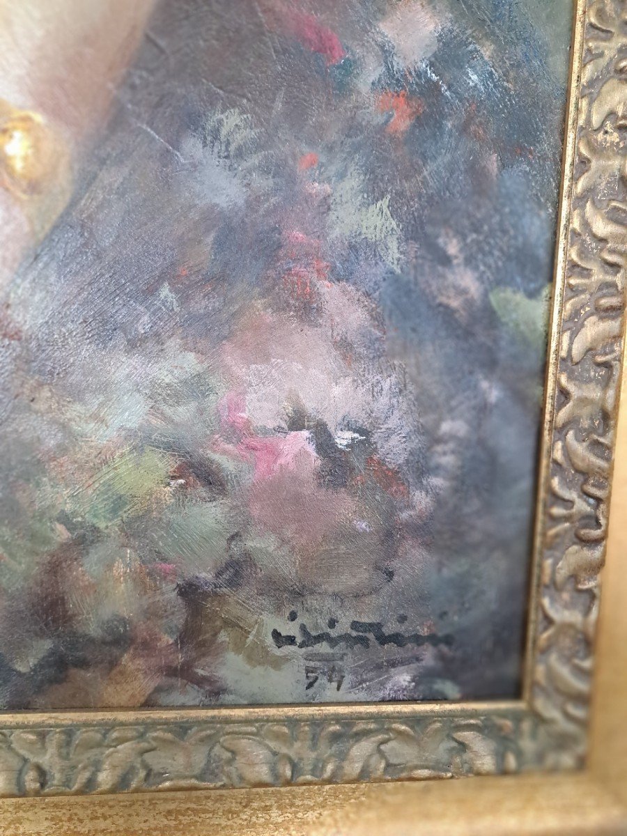 Grande dipinto "Dama con ventaglio", olio su tavola ad opera di Carminio Visintini-photo-6