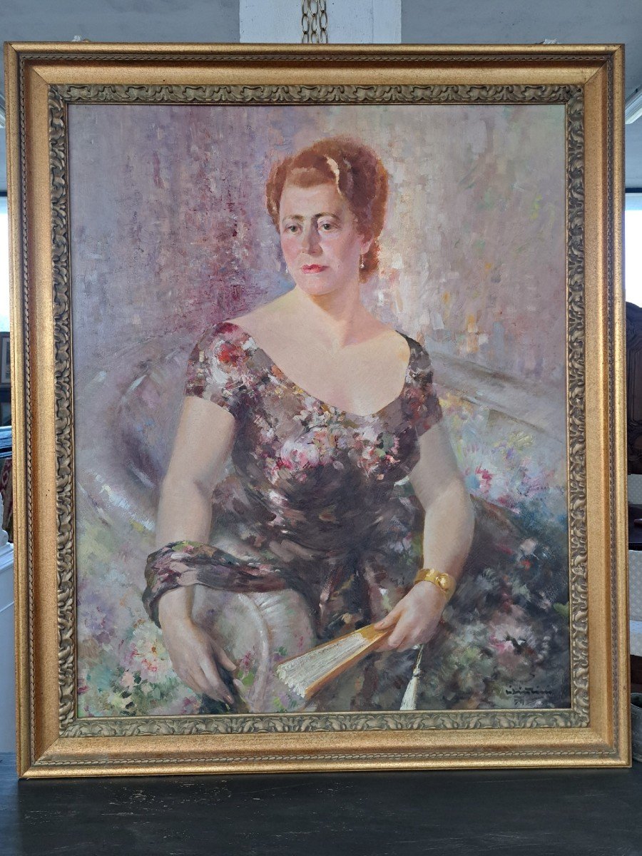 Grande dipinto "Dama con ventaglio", olio su tavola ad opera di Carminio Visintini