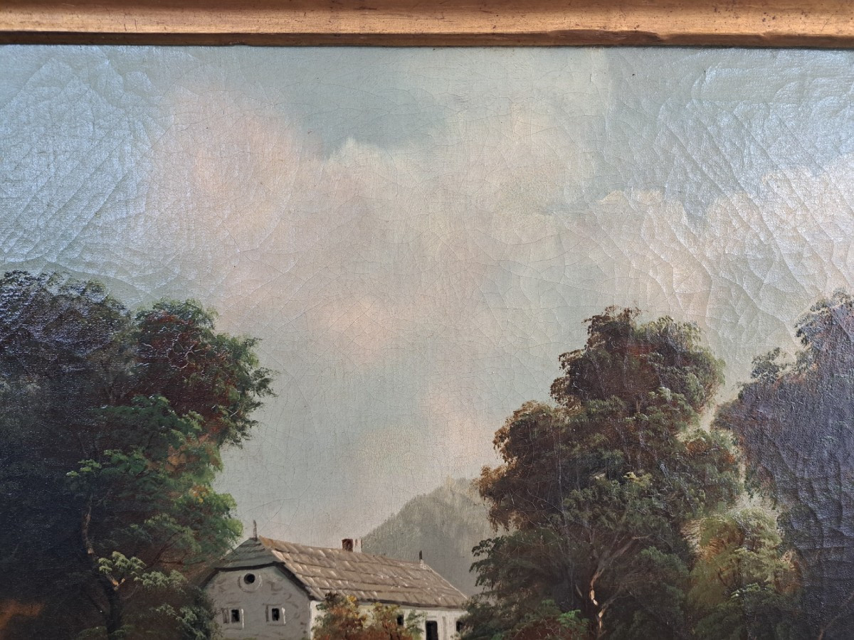 Paesaggio del '700, olio su tela, con cornice dorata.-photo-2
