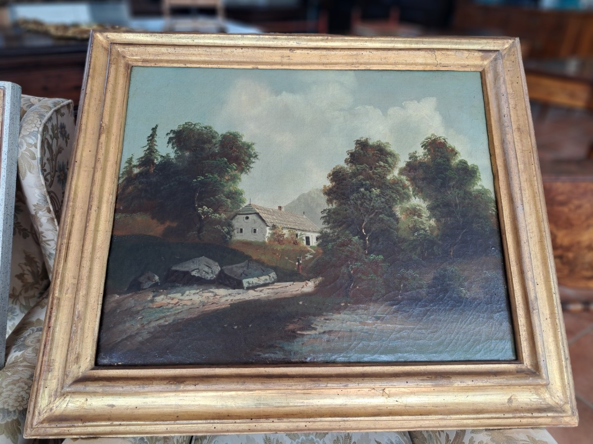 Paesaggio del '700, olio su tela, con cornice dorata.-photo-3