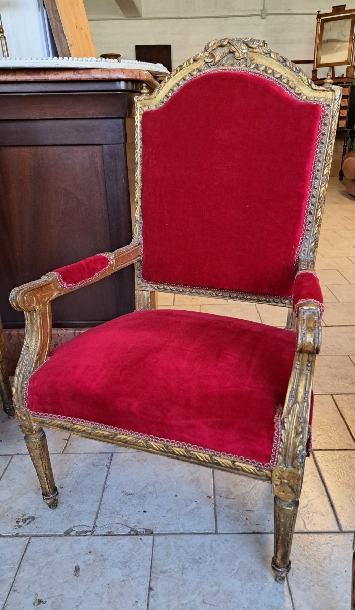 Quattro poltrone ed un divano dorati Napoleone III-photo-2
