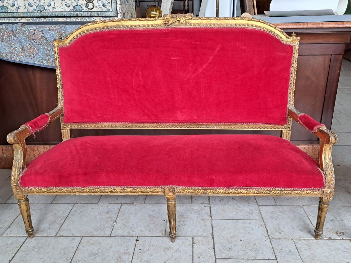 Quattro poltrone ed un divano dorati Napoleone III-photo-4