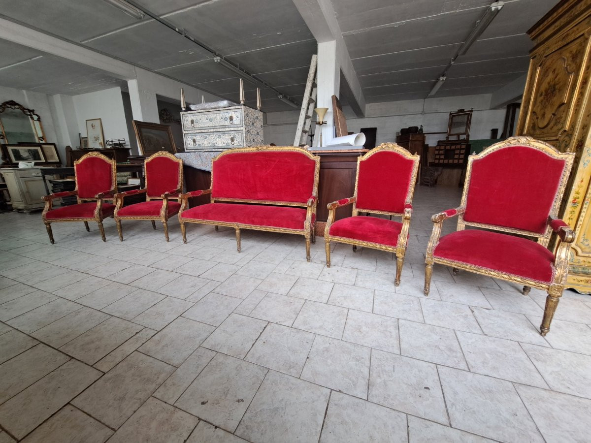 Quattro poltrone ed un divano dorati Napoleone III-photo-2