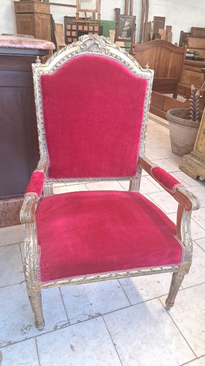 Quattro poltrone ed un divano dorati Napoleone III-photo-3