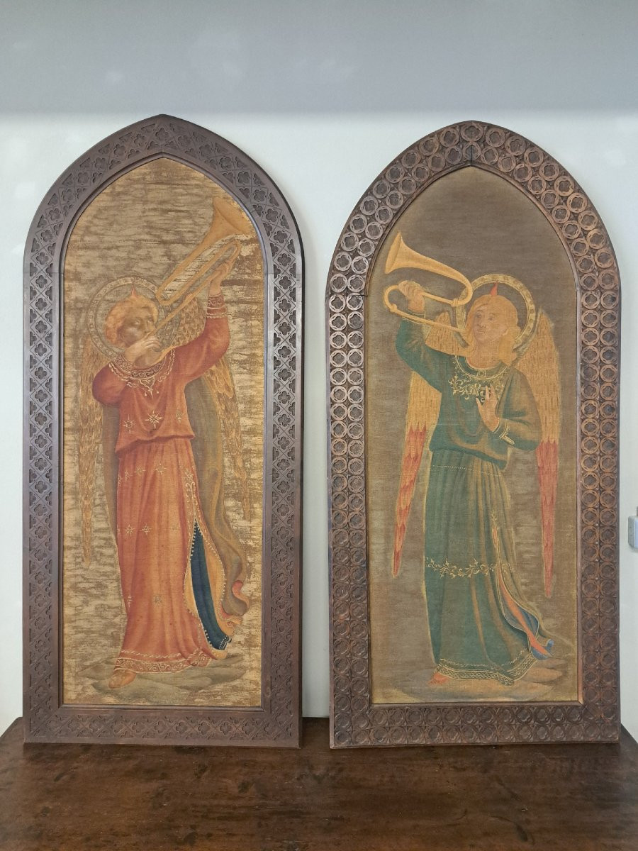 Coppia di succhi d'erba dell' Ottocento con cornice, "Angeli musicanti"-photo-2