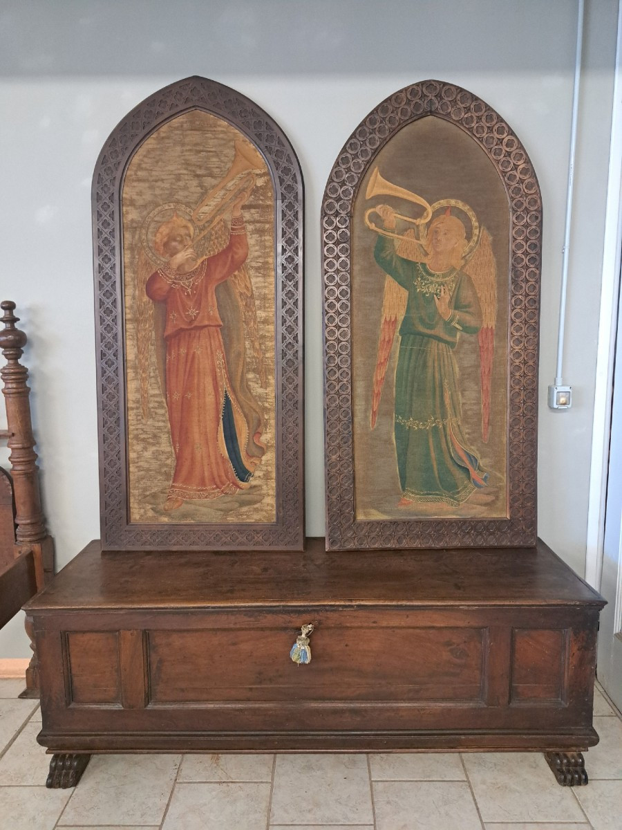 Coppia di succhi d'erba dell' Ottocento con cornice, "Angeli musicanti"