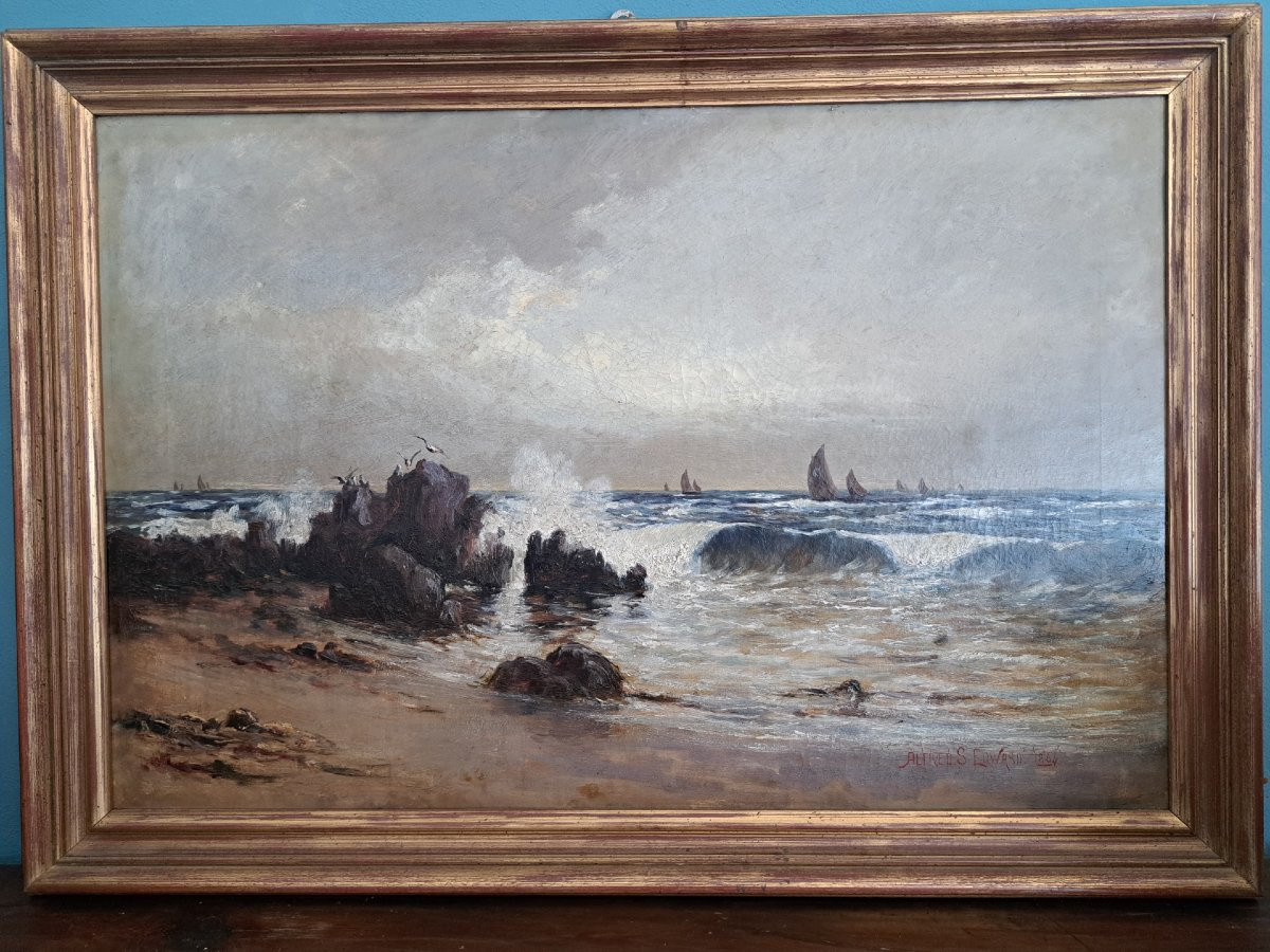 Scuola inglese, 1884, Alfred S. Edward, marina con gabbiani, barche a vela e scogliera-photo-2
