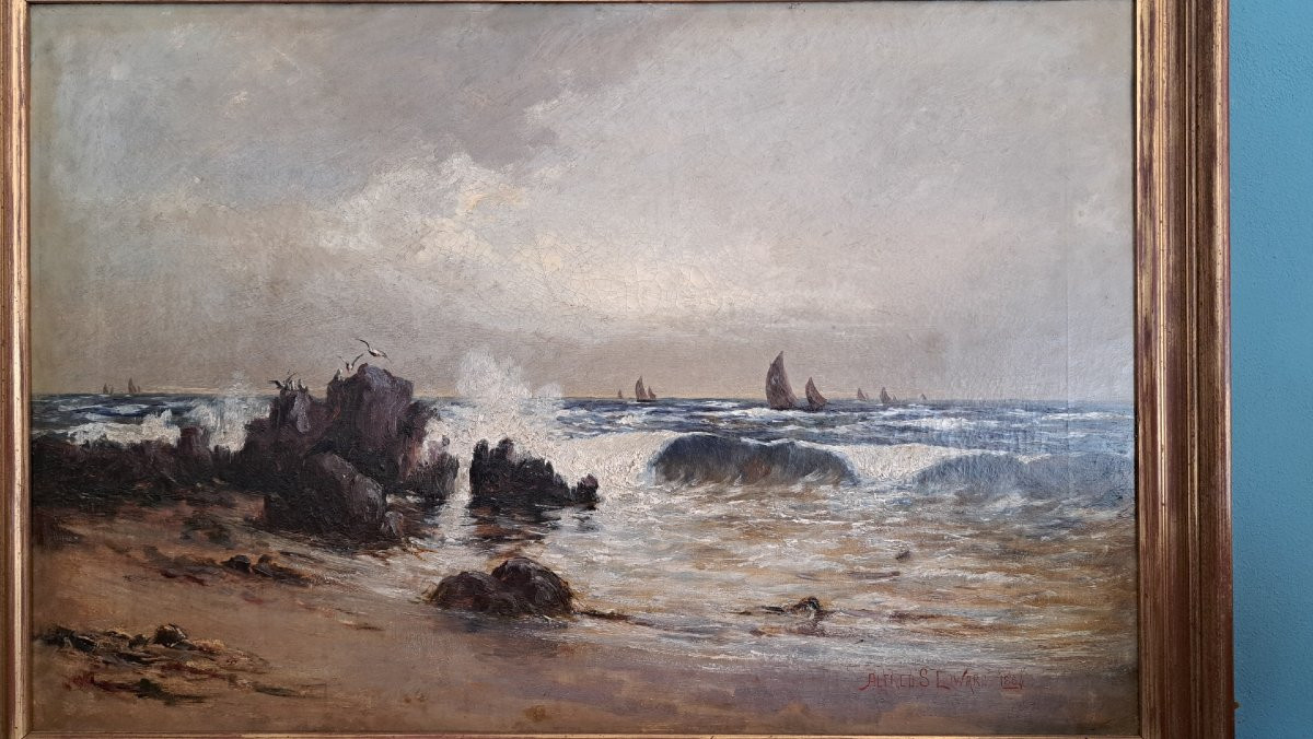 Scuola inglese, 1884, Alfred S. Edward, marina con gabbiani, barche a vela e scogliera-photo-3