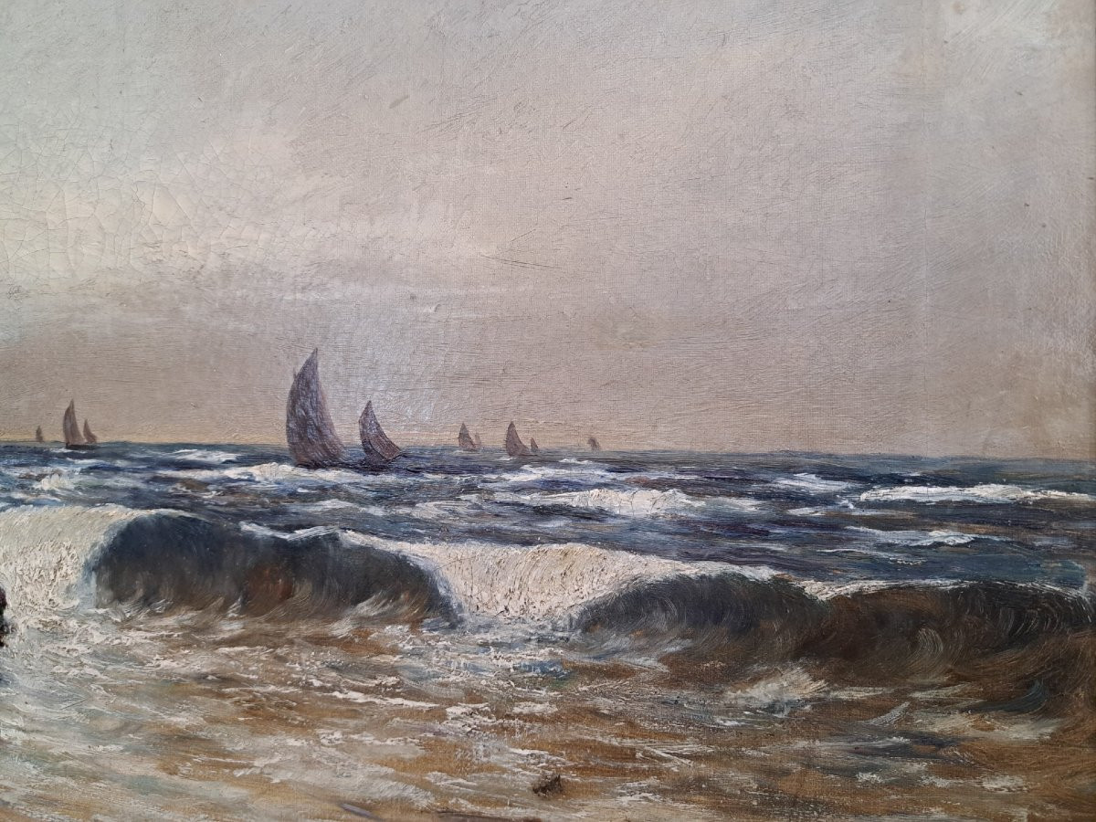 Scuola inglese, 1884, Alfred S. Edward, marina con gabbiani, barche a vela e scogliera-photo-1