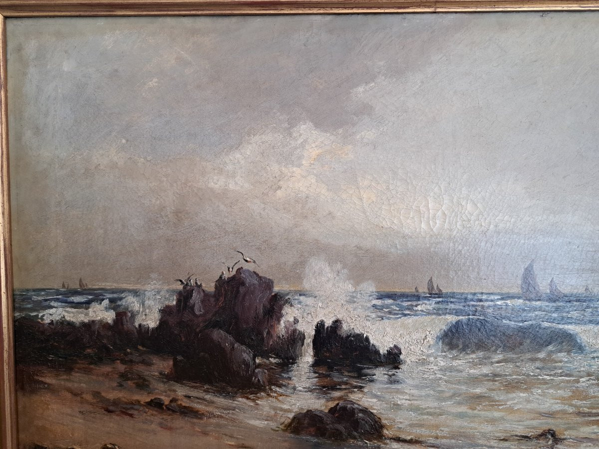 Scuola inglese, 1884, Alfred S. Edward, marina con gabbiani, barche a vela e scogliera-photo-3