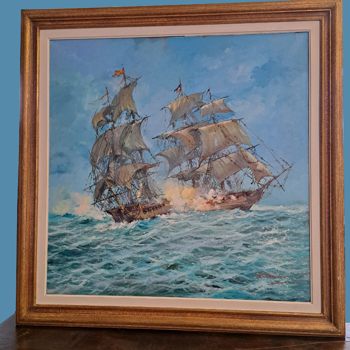 Norberto Martini, Battaglia in alto mare, olio su tela-photo-2