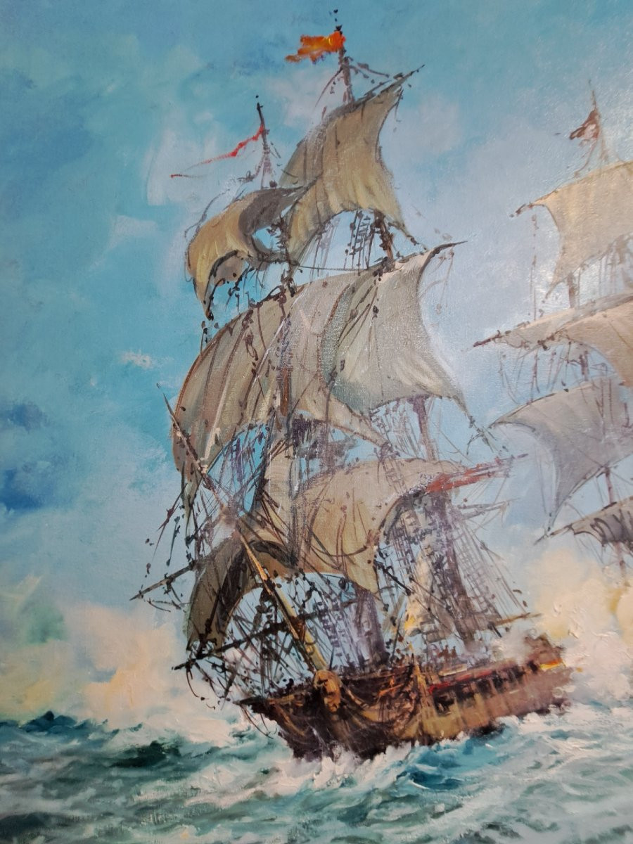 Norberto Martini, Battaglia in alto mare, olio su tela-photo-1