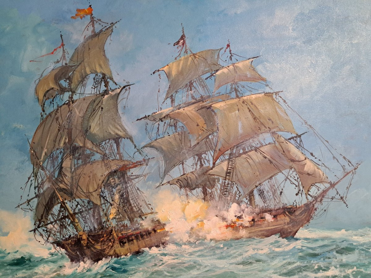 Norberto Martini, Battaglia in alto mare, olio su tela-photo-2