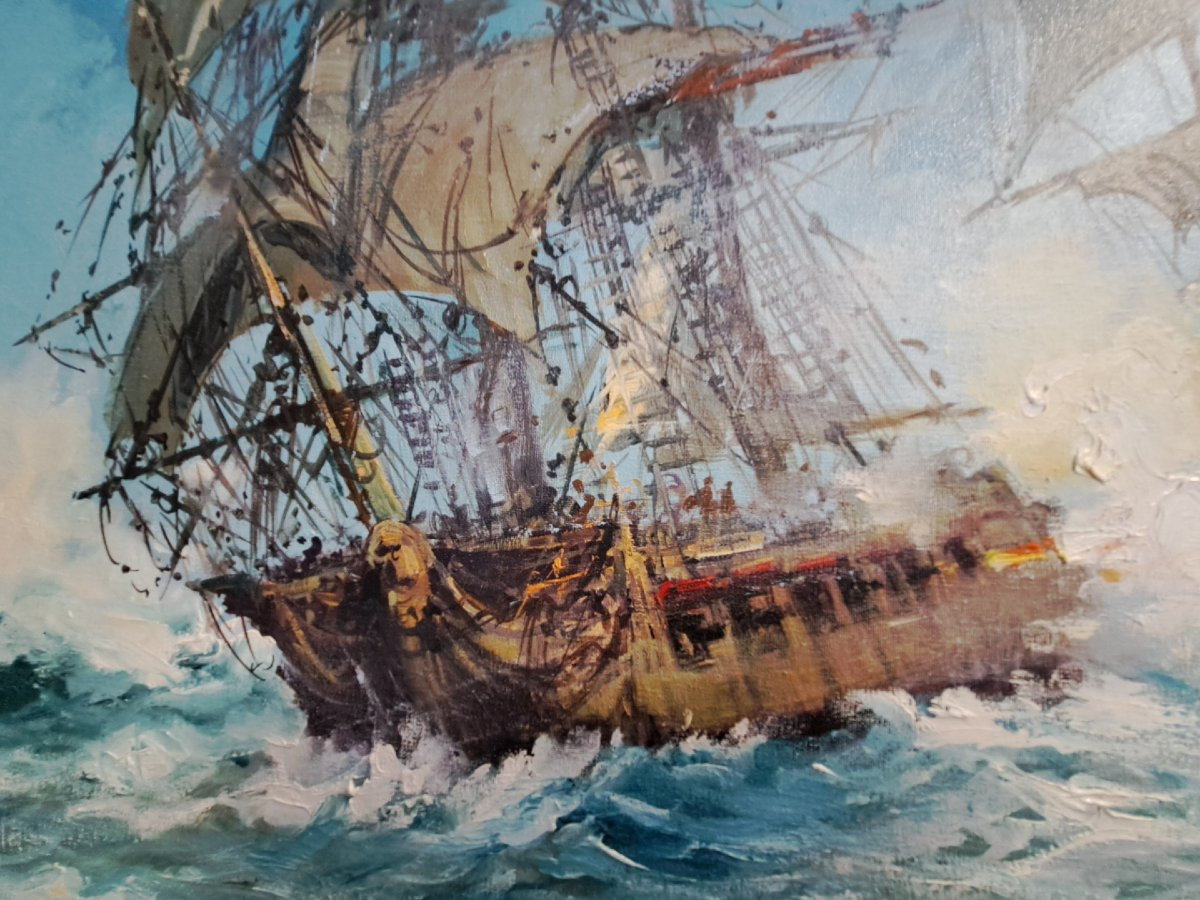 Norberto Martini, Battaglia in alto mare, olio su tela-photo-3