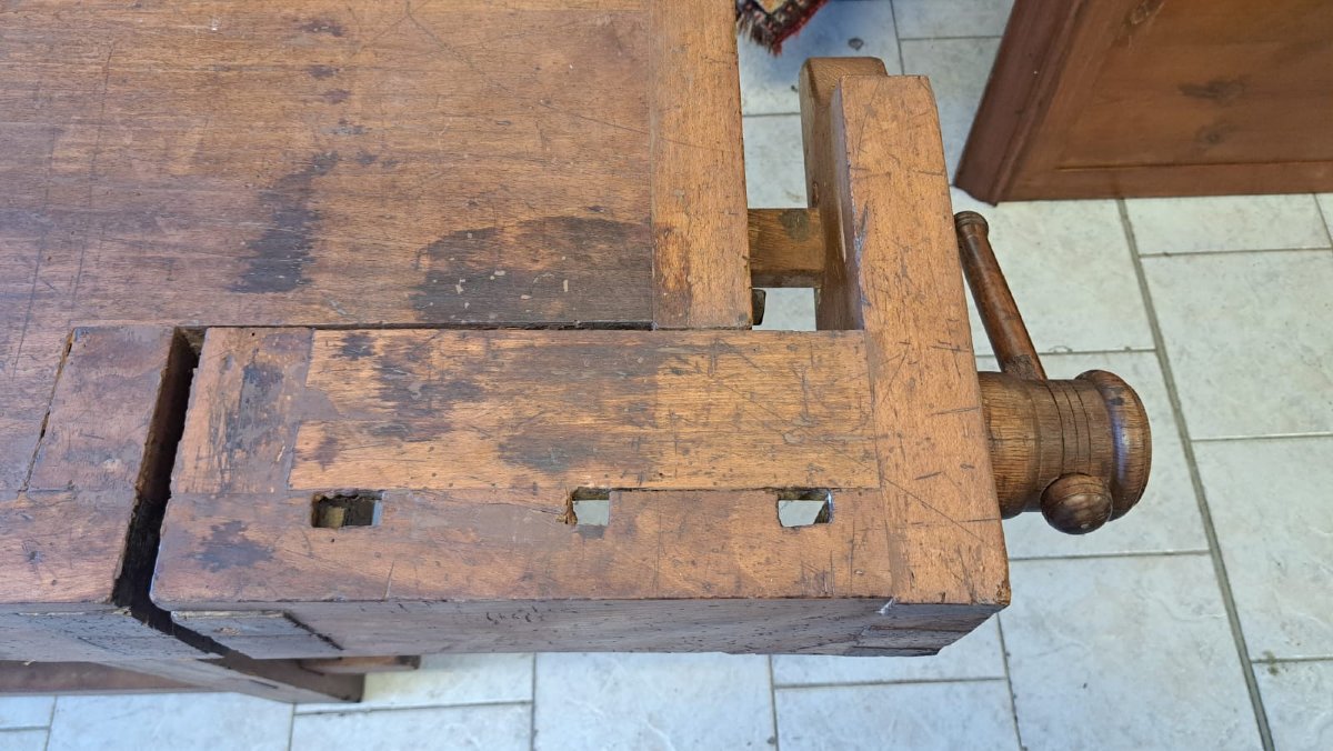 Tavolo da falegname dell' Ottocento con tripla morsa-photo-3