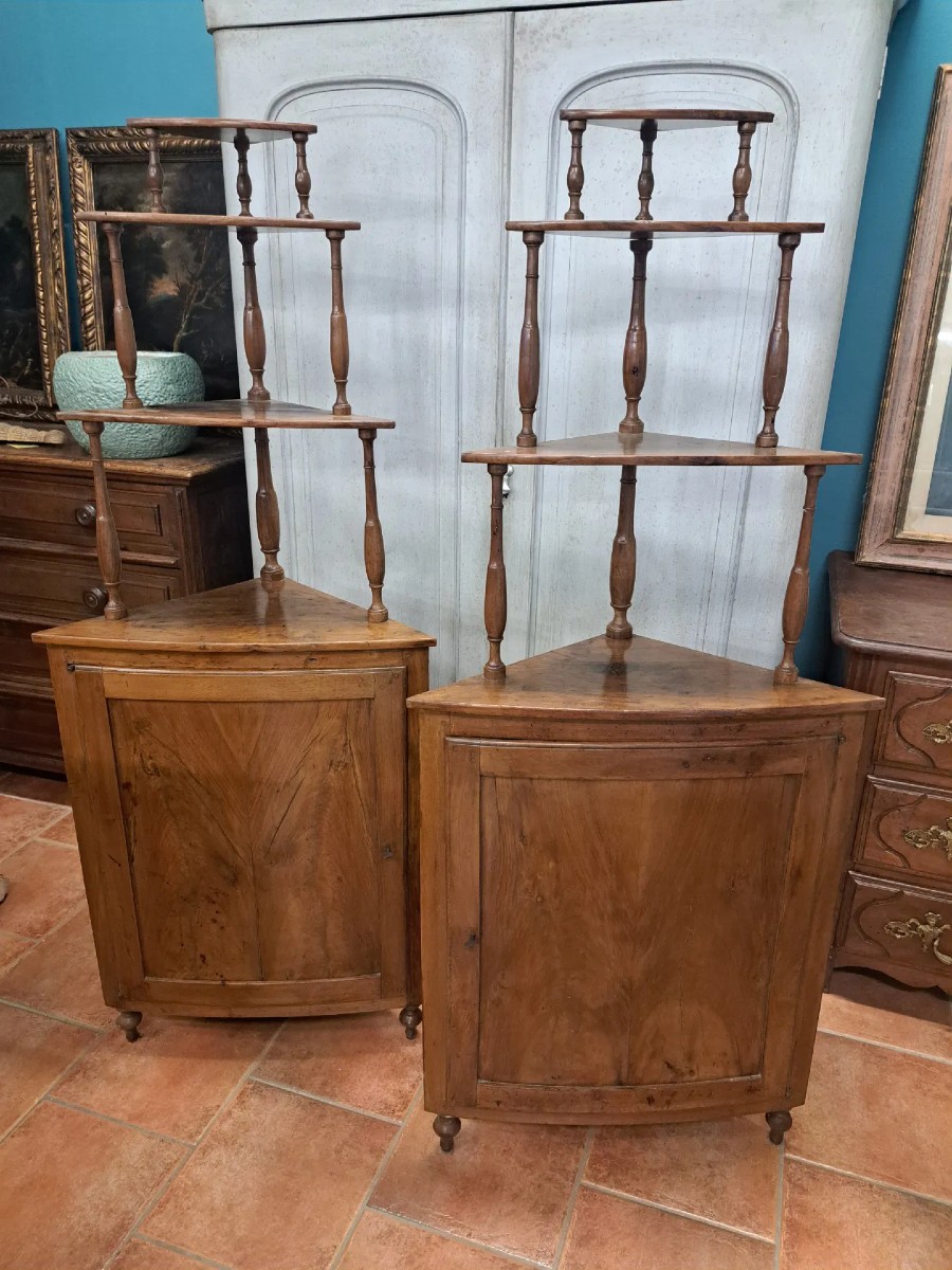 Coppia di angoliere bombate in noce biondo