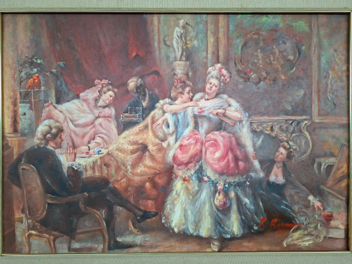 Olio su tela "Vestizione per il ballo" con cornice dorata.-photo-2