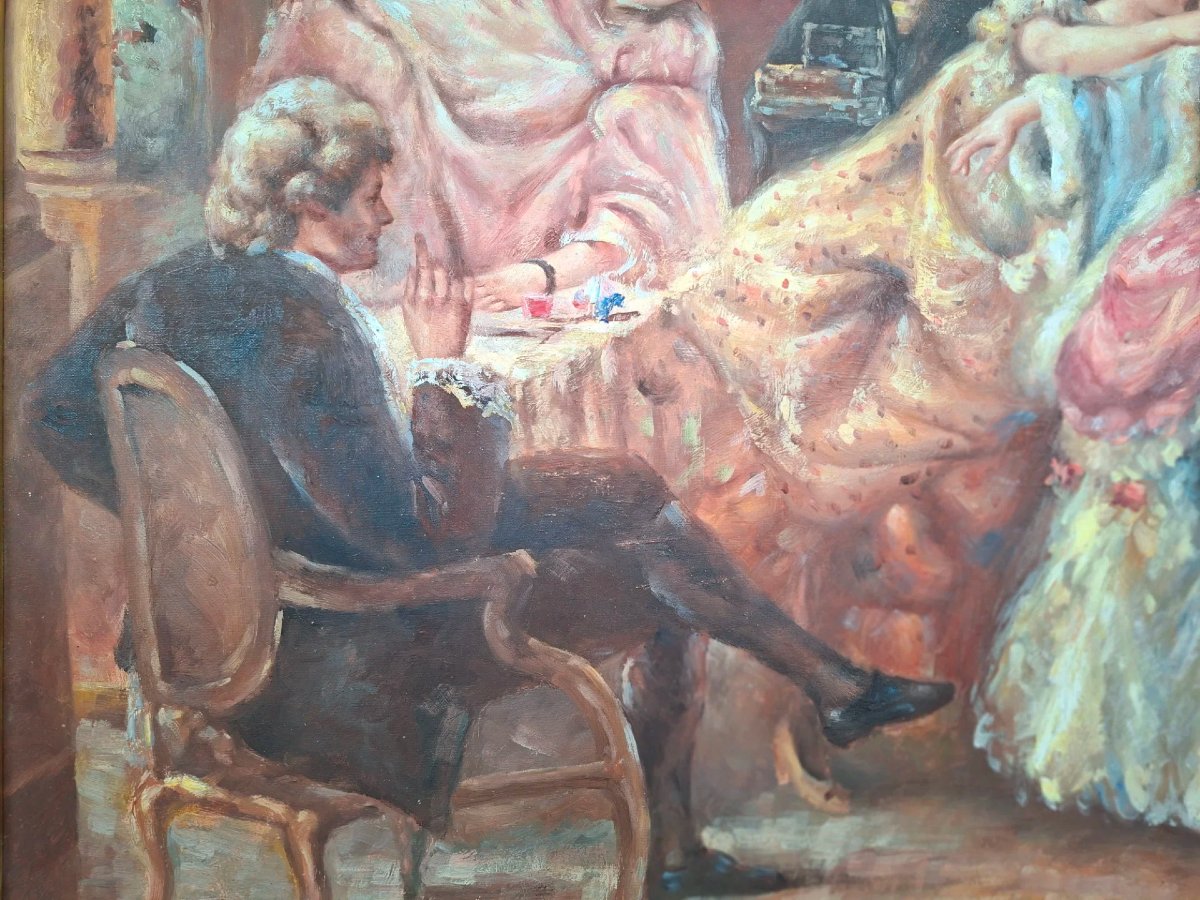 Olio su tela "Vestizione per il ballo" con cornice dorata.-photo-3