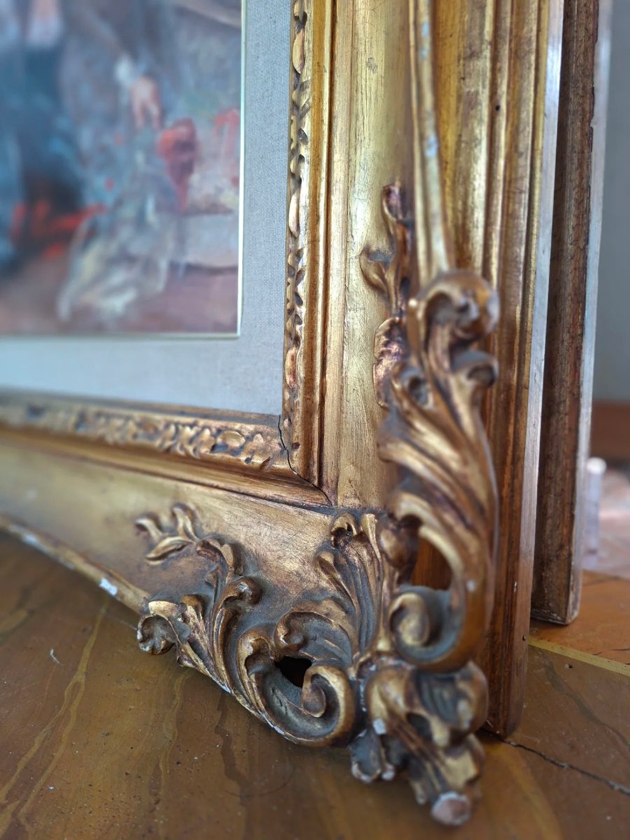 Olio su tela "Vestizione per il ballo" con cornice dorata.-photo-4