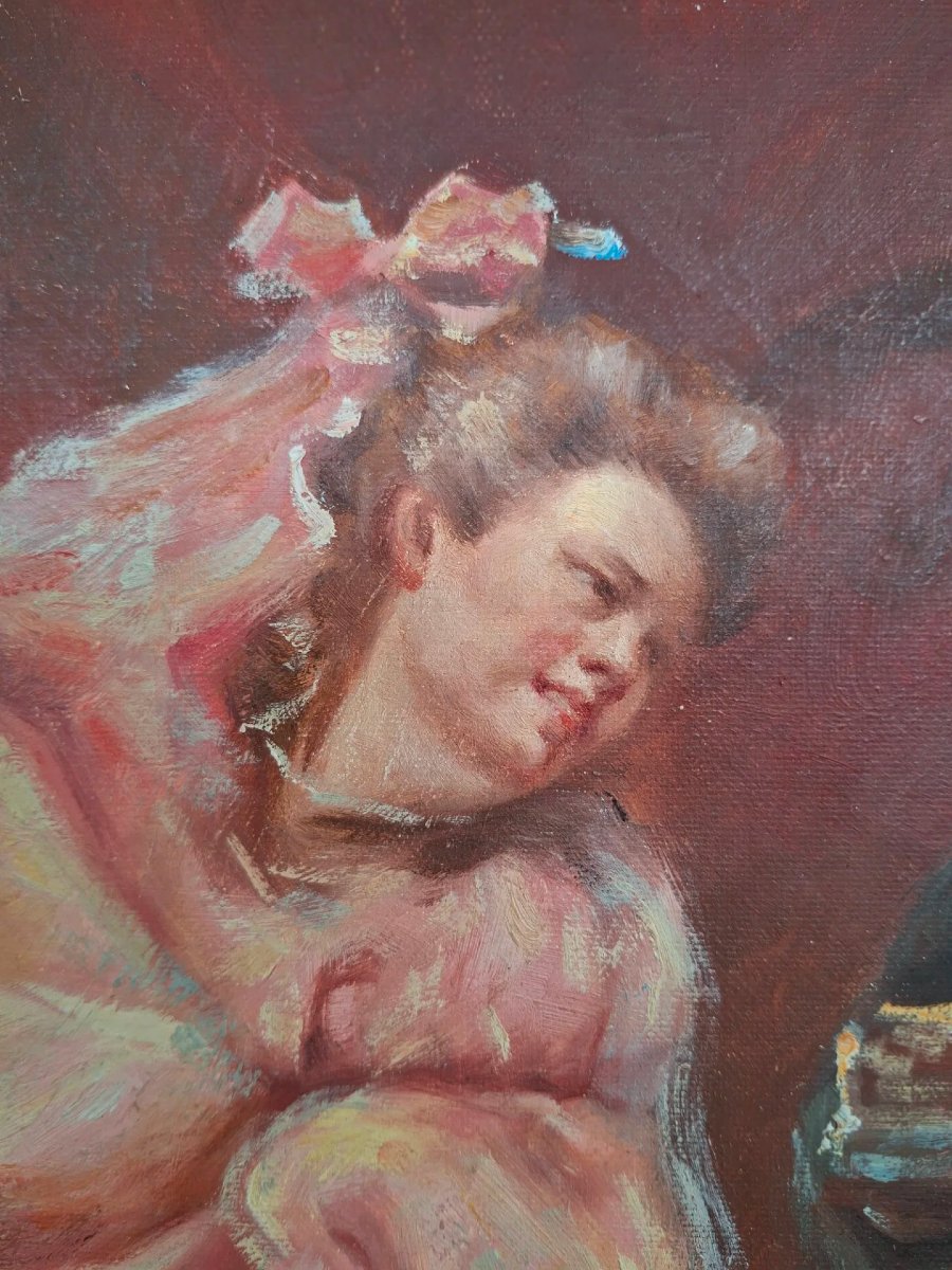 Olio su tela "Vestizione per il ballo" con cornice dorata.-photo-1