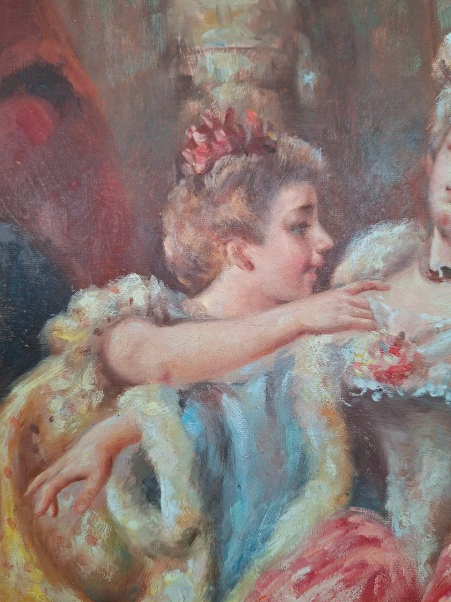 Olio su tela "Vestizione per il ballo" con cornice dorata.-photo-2