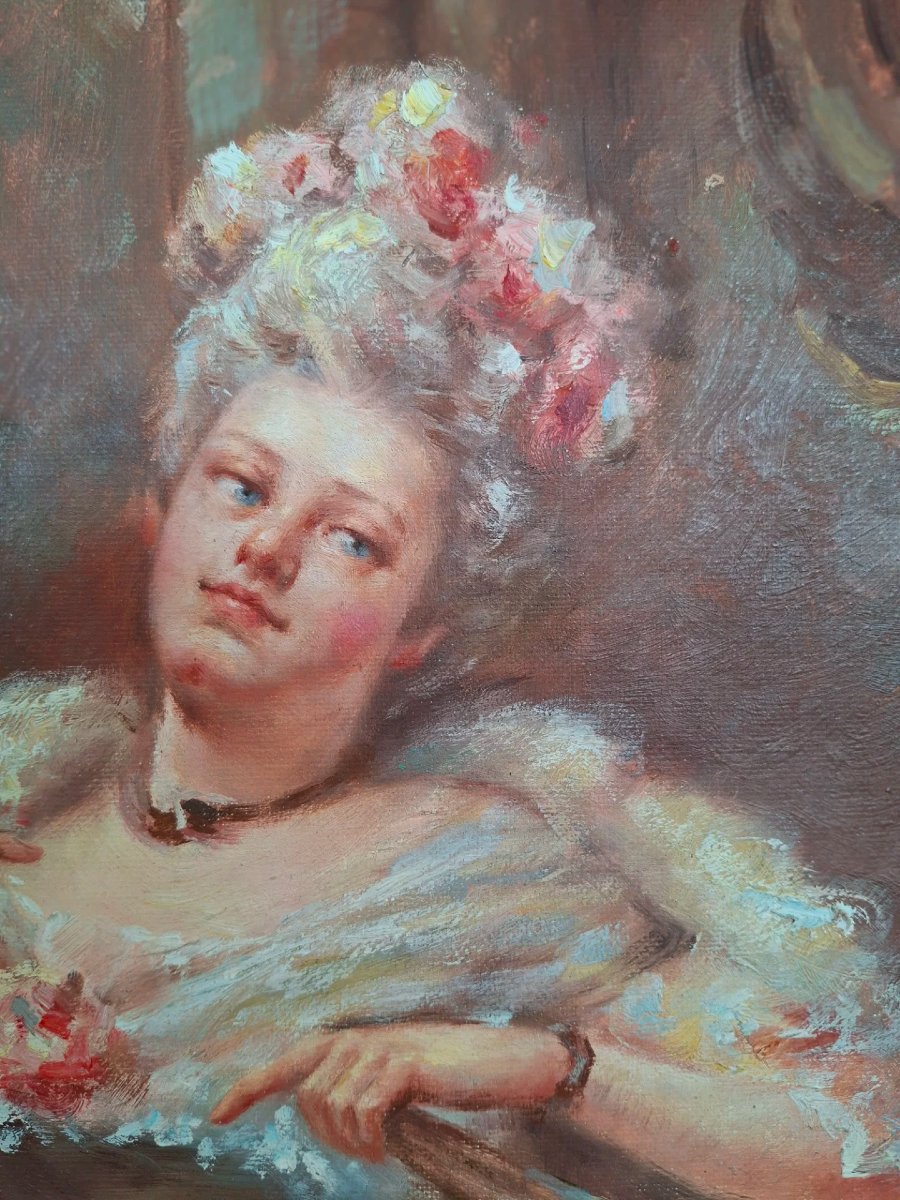 Olio su tela "Vestizione per il ballo" con cornice dorata.-photo-3