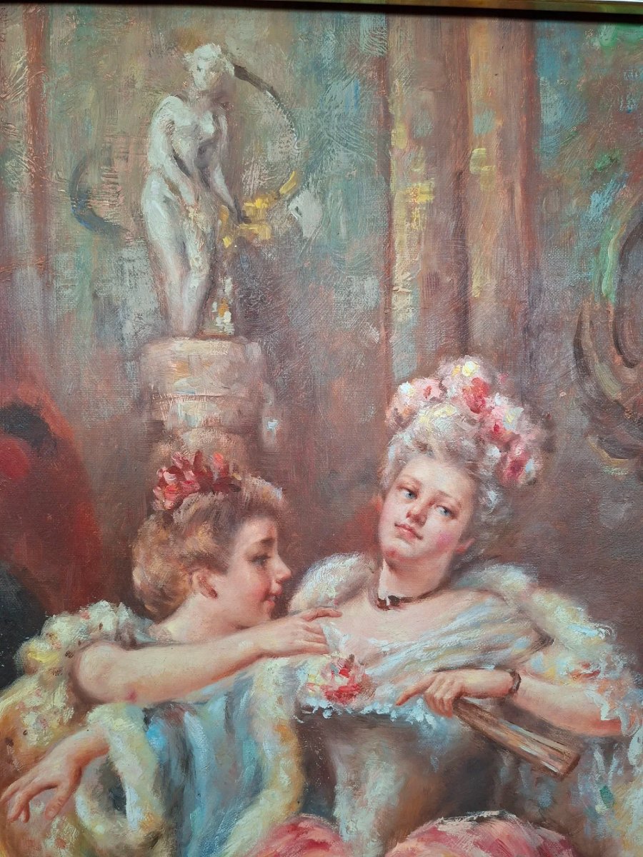 Olio su tela "Vestizione per il ballo" con cornice dorata.-photo-5