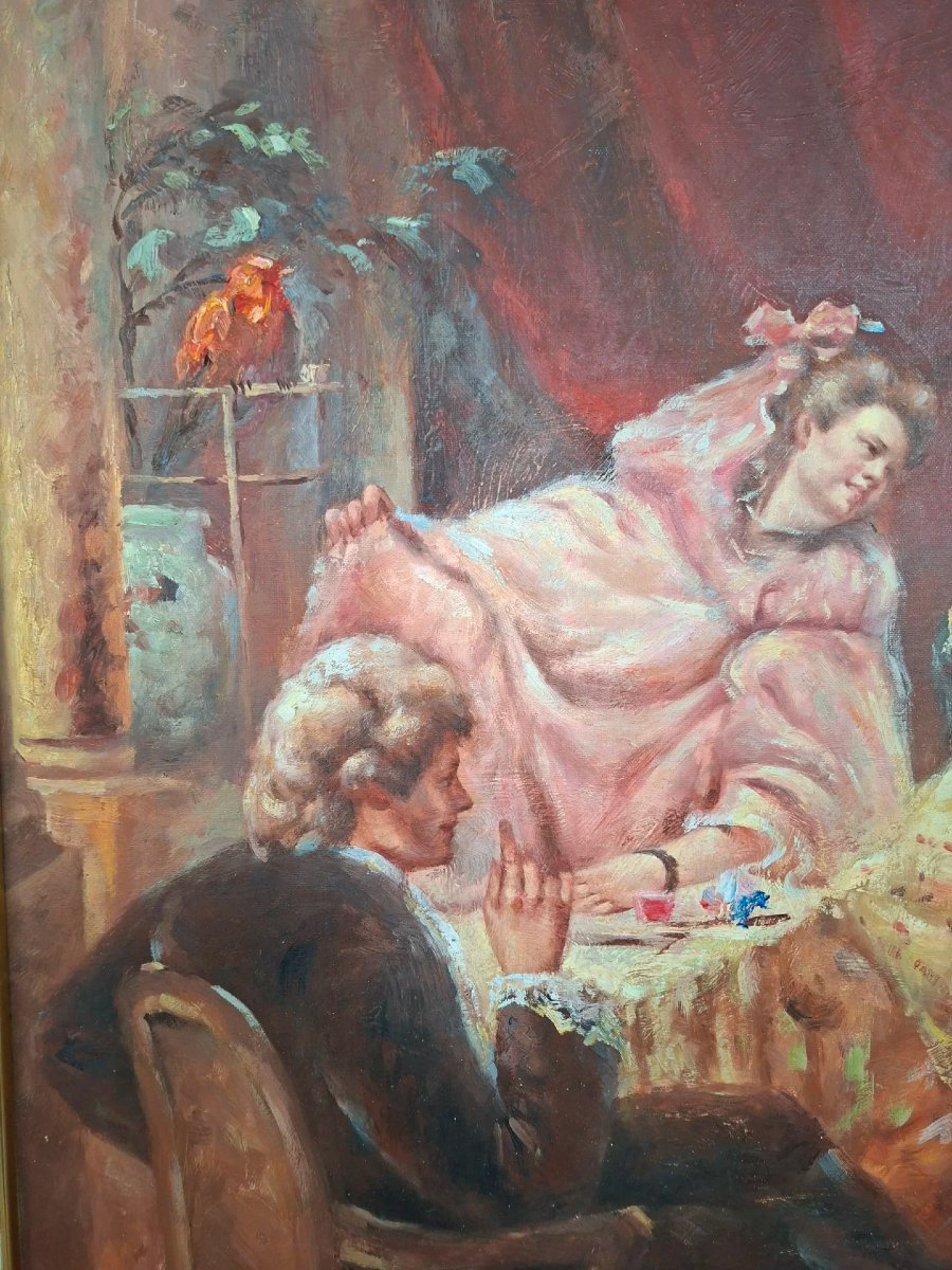 Olio su tela "Vestizione per il ballo" con cornice dorata.-photo-6